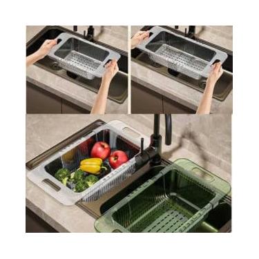 Imagem de Cesto Escorredor Retrátil para Pia, Multiuso, Organizador de Cozinha, Verde e Branco