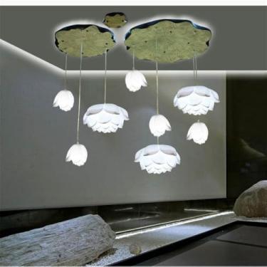 Imagem de OUFULA Luminária pendente de lótus contemporânea chinesa retrô criatividade sala de estar restaurante quarto villa hotel decoração led lustre (White 8 lights)