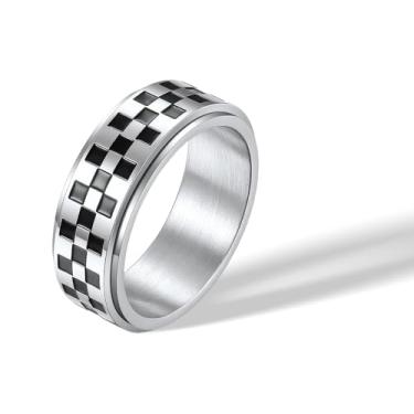 Imagem de munone Anel giratório de prata quadriculado para mulheres e homens, titânio banhado a ouro 14 k e tabuleiro de xadrez de aço inoxidável anel de ajuste confortável, 10, Metal, Sem pedra preciosa