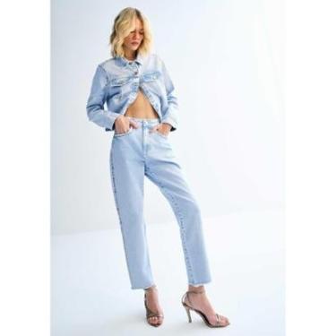 Imagem de Calça Jeans Mom Cintura Alta Clara com Pedrarias-Feminino