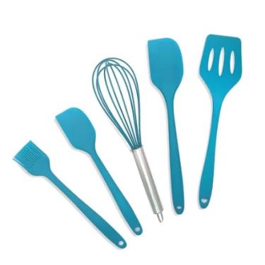 Imagem de Conjunto de Utensílios de Cozinha em Silicone, 5 Peças, Preto, Inclui Colher, Espátulas, Pincel e Fuê (Azul)