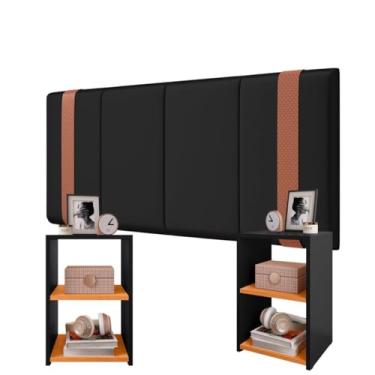 Imagem de Conjunto Kit Quarto Cabeceira PARISE 1.40 Com 2 Mesas de Cabeceira c/Prateleira e Nicho Bella (Parise Preto/Bella Preto)