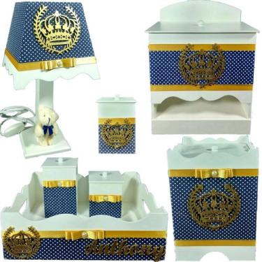 Imagem de Kit Higiene bebê Mdf menino 7 pçs - AZUL MARINHO COM BOLINHAS DE COROA