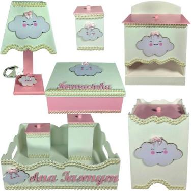 Imagem de Kit Higiene bebê Mdf farmacinha 8 pçs - nuvem branco e rosa pérolas - 