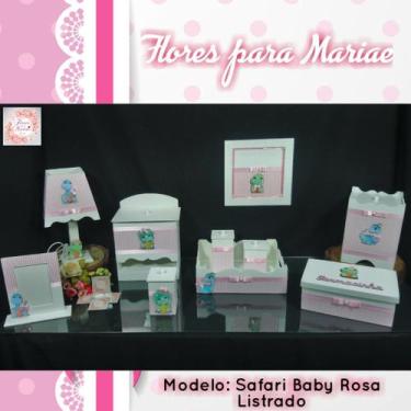 Imagem de Kit Higiene bebê Mdf 10 peças Dinossauro Menina Rosa Listrado - Flores