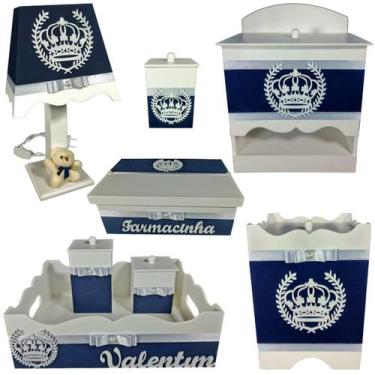 Imagem de Kit Higiene bebê Mdf menino 8 pçs - AZUL MARINHO COROA BRANCA - Flores