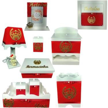 Imagem de Kit Higiene bebê Mdf 10 peças - VERMELHO COM BOLINHAS DE COROA - Flore