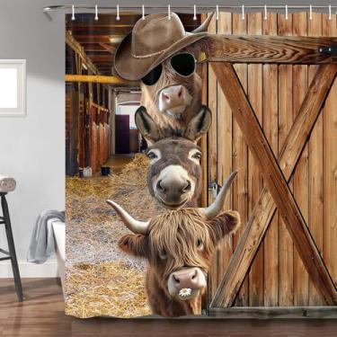 Imagem de Uokiuki Cortina de chuveiro Highland Cow, engraçada, rústica, porta de celeiro, bovino ocidental, burro, touro, decoração, cortinas de banho, acessórios de banheiro de fazenda de animais de madeira