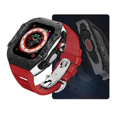 Imagem de RORFFK Kit de modificação de fibra de carbono, capa para Apple Watch Ultra 49 mm, 9, 8, 7, 6, 5, 4, SE, 45 mm e 44 mm, pulseira de relógio de borracha flúor, peças de reposição (modelo 23, 45 mm)