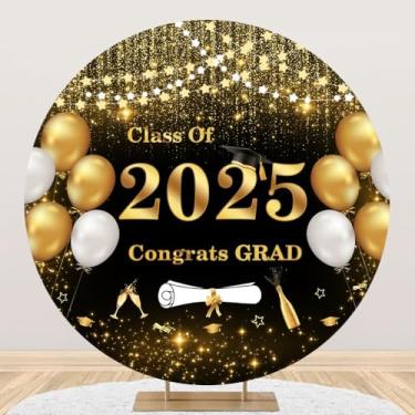 Imagem de Capa de fundo redonda de formatura para fotografia 2,2 m Class of 2025 decorações de festa de graduação preto dourado glitter balão parabéns graduado redondo fundo fundo fundo foto adereços