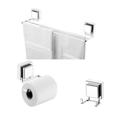 Imagem de Kit Lavabo Banheiro Cromado Ventosa 03 Peças Future Porta Toalha Duplo, Papeleira, Cabide