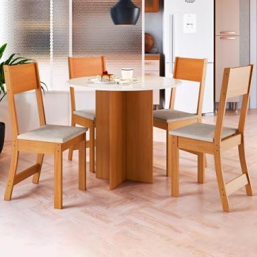 Imagem de Conjunto Sala de Jantar 4 Lugares Mesa Redonda 90cm Cadeiras em Linho