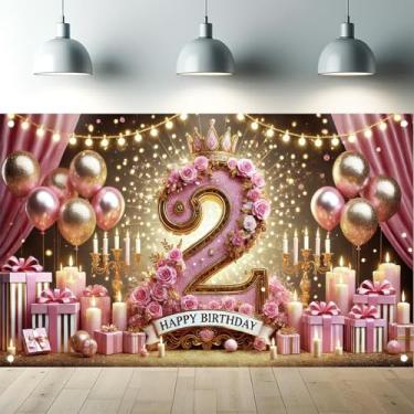 Imagem de Starlit Patio Pano de fundo rosa e dourado de 2 anos com tema de princesa decoração de festa elegante floral balão banner para meninas segundo aniversário cabine de fotos fundo 180 x 109 cm