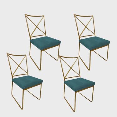 Imagem de Kit 04 Cadeiras Sala de Jantar Escritório Office Clark Industrial Ferro Dourado Suede Azul Turquesa - Ahz Móveis