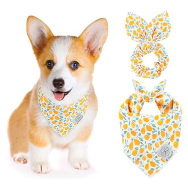 Imagem de E-Clover Conjunto de bandanas florais amarelas e scrunchie combinando verão lindo cachecol babador bandana para animais de estimação com gravata borboleta para cães pequenos, dono de cachorro, mãe