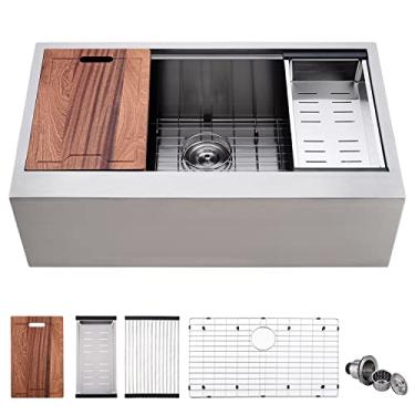 Imagem de Estação de trabalho para pia de fazenda de 83 cm de aço inoxidável - VOKIM 83 x 55 cm de calibre 16 com borda de aço inoxidável com borda plana avental frontal pia de cozinha de fazenda