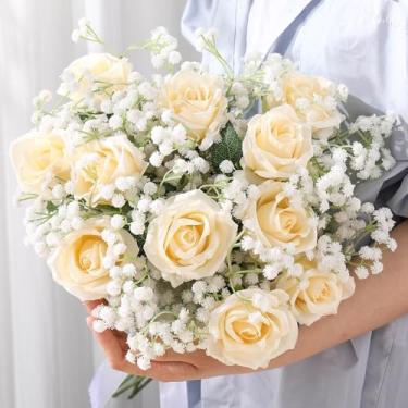 Imagem de Zeyune 32 peças de flores artificiais de rosas para bebês, buquê de hálito falso de rosa de seda com haste longa para casamento, chá de panela, decoração de mesa central (champanhe)