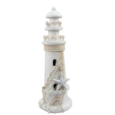 Imagem de Puzzled Decoração de farol de madeira branca - Decoração de mesa de farol náutico feito à mão, decorações de farol de mar para casa com rede náutica pequena de estrela do mar e bugigangas oceânicas de