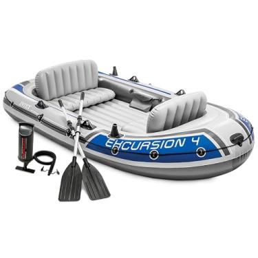 Imagem de INTEX Conjunto de barcos infláveis 68324EP Excursion 4: Inclui remos de alumínio de luxo de 137 cm e bomba de alto rendimento – assentos ajustáveis com encosto – Suportes para vara de pesca – 4 pessoas – capacidade de peso de 500 libras