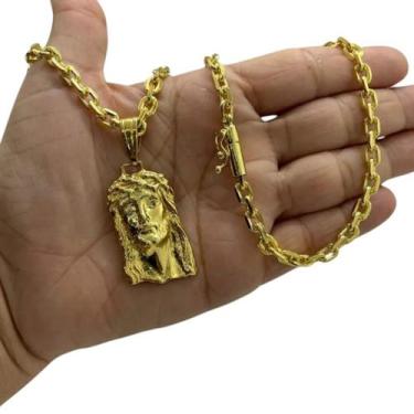 Imagem de Cordão 6Mm Cadeado + Pingente Jesus Face - Banhado A Ouro - Tojoia18K