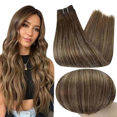 Imagem de Full Shine Extensões de cabelo humano de trama balayage costuradas em marrom extensões de cabelo cor 4 castanho médio ombre 24 loiro claro destaque 4 mechas de trama de cabelo brasileiro de 55 cm 105 gramas