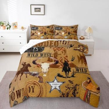 Imagem de Erosebridal Conjunto de edredom queen caubói ocidental, asteca do oeste selvagem para decoração de quarto feminino e masculino, conjunto de cama de cavalo e caveira de touro, rústico, exótico, 2