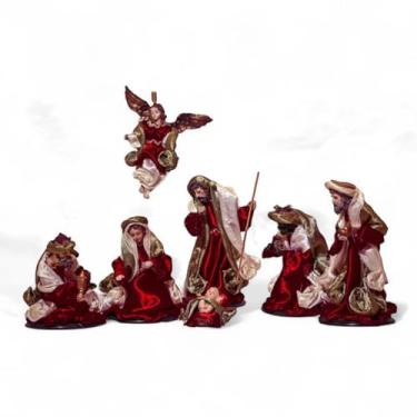 Imagem de Presepio de Natal 9 Figuras Resina Seda Verde Vermelho Decoracao Natalina Premium
