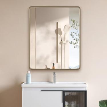 Imagem de miroro Espelho emoldurado de metal bronze 50 x 76 cm para parede, espelho retangular grande arredondado, antiferrugem, vidro temperado, pendurado horizontal ou verticalmente