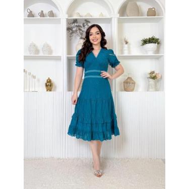 Imagem de Vestido Midi De Lese Feminino 100% Algodão Decote V Manga Curta Bufant