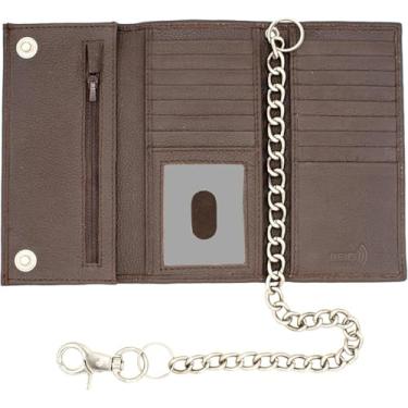 Imagem de Carteira masculina longa para cheques de motoqueiro, com três dobras, janela para identidade, bolsos para cartão de crédito, couro Crazy Horse, Marrom escuro J212b com corrente, Marrom escuro, Large