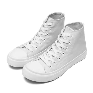 Imagem de rosyclo Tênis de lona para mulheres e homens, tênis de lona de cano alto moderno com cadarço confortável feminino clássico casual tênis caminhada, Todo branco, 13.5 Women/12 Men