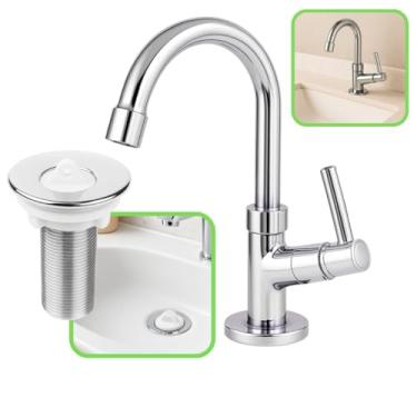 Imagem de Kit Torneira Bancada Banheiro Lavabo Cromada Giratória Abertura 1/4 Arejador Fixo + Válvula Escoamento Ralo de Pia 7/8"