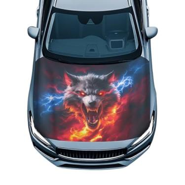 Imagem de GOSTONG Capas de capô de carro à prova d'água Capa de veículo ao ar livre para o verão, inverno, capô, cobertor, protetor para (SUV/caminhão) presentes para amantes de carros lobo chama relâmpago