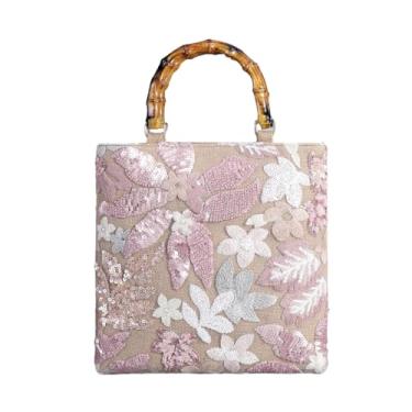 Imagem de RomanticDesign Bolsa feminina com bordado floral de lantejoulas com alça superior de bambu para festa de banquete de casamento, rosa