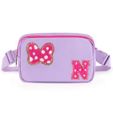 Imagem de Pochete com laço com letra inicial de chenille, bolsa tiracolo impermeável para parque, presentes de aniversário de Natal para adolescentes, meninas, mulheres, crianças, adultos, bolsa de cinto fofa