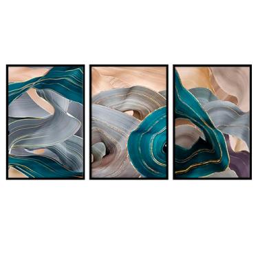 Imagem de Kit com 3 Quadros Decorativos 70x50 cm Abstrato Veus com Moldura Caixa Preta, na posição Vertical ideal para ambiente de Sala, Quarto e Hall.