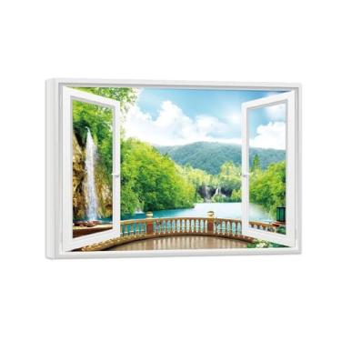 Imagem de Quadro de Parede Janela Falsa-Paisagens Impressões em Tela-Floresta Lago-Natureza Pinturas Decoração 50x70cm-19x27in Tela Embrulhada