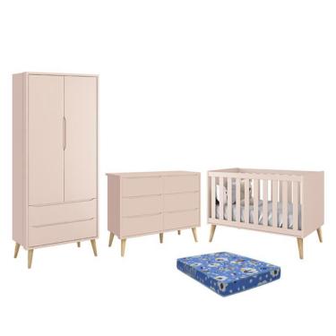 Imagem de Dormitório Theo 2 Portas, Cômoda 6 Gavetas, Berço com Pés Madeira Natural e Colchão - Reller Móveis Rosa Fosco