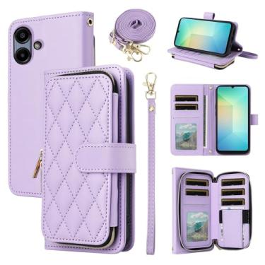 Imagem de Furiet Argyle Capa carteira para Samsung Galaxy A06 5G com alça de pulso/ombro, mais de 9 compartimentos para cartões, bolsa com zíper, capa de celular quadriculada de couro PU para Ao6 A 06 4G LTE