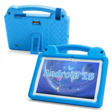 Imagem de Tablet infantil de 10 polegadas, tablet Android 15 para crianças, A523 Octa-Core, 8 GB + 64 GB, 1 TB expansível, WiFi 6 (2,4 G + 5 G), capa de EVA com suporte, azul