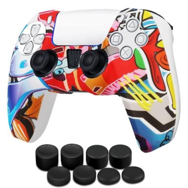Imagem de TNP Capa para controle de silicone para PS5 capa dupla + conjunto de 8 punhos para polegar Sony PlayStation 5 Skins acessórios Grafitti com aderência texturizada ergonômica