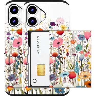 Imagem de MUQR Capa compatível com iPhone 16 com porta-cartão fofo - Design Kawaii, proteção contra quedas de nível militar, capa carteira robusta para mulheres (flores brancas do campo)