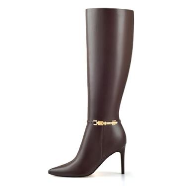 Imagem de Adrizzlein Botas Marrons De Cano Alto Femininas, Bico Fino, Salto Alto, Sexy, Sapatos Sociais Longos Com Zíper Lateral, Tamanho 8,5