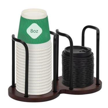 Imagem de Dispensador de copos de papel e organizador de tampa, suporte de armazenamento de compartimento duplo para xícaras de café de 227 g, estação de café, casa, escritório, cafés ou espaço de varejo