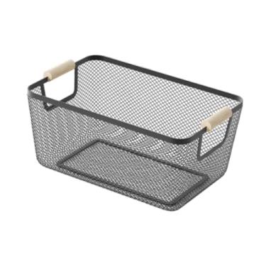 Imagem de ＫＬＫＣＭＳ Cesta de armazenamento de arame de metal com alças de madeira, organizador de cozinha para sala de estar, brinquedos, maquiagem, frutas, Preto, 25cm X 17cm X 11cm