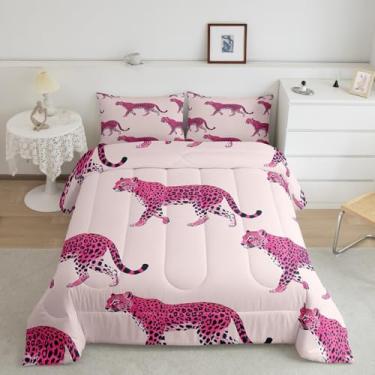 Imagem de Manfei Conjunto de edredom infantil com estampa de leopardo rosa, romântico africano, pele de guepardo, decoração de quarto de adultos, pele de animal selvagem, microfibra ultramacia, enchimento