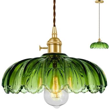 Imagem de Laphivieh Luminária Pendente, Cúpula De Vidro Suspensa Com Interruptor Giratório, Moderna Para Ilha Cozinha, Quarto, Sala Jantar, Estar (Lótus Verde, Fiação)