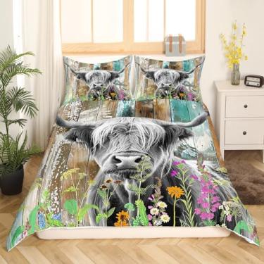 Imagem de Conjunto de capa de edredom Highland Cattle Queen Size com textura de tábua de madeira, 3 peças, decoração de quarto, capa de edredom de vaca com flores silvestres coloridas, 2 fronhas (não edredom)