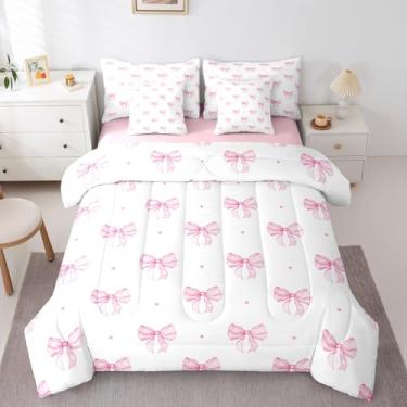 Imagem de Erosebridal Jogo de cama casal de 7 peças com laço rosa, fofo, com lençóis, moderno, rosa claro em uma bolsa, conjunto de edredom e edredom de princesa