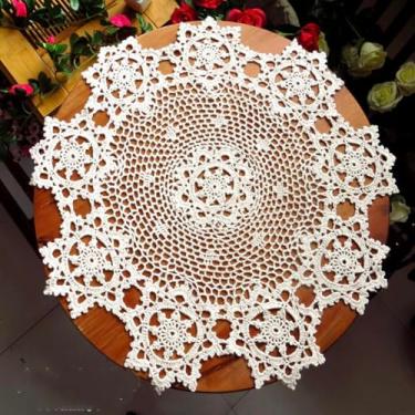 Imagem de golo Toalha de mesa de renda de crochê feita à mão de algodão com sobreposição branca, redonda, 23 polegadas, 60 cm